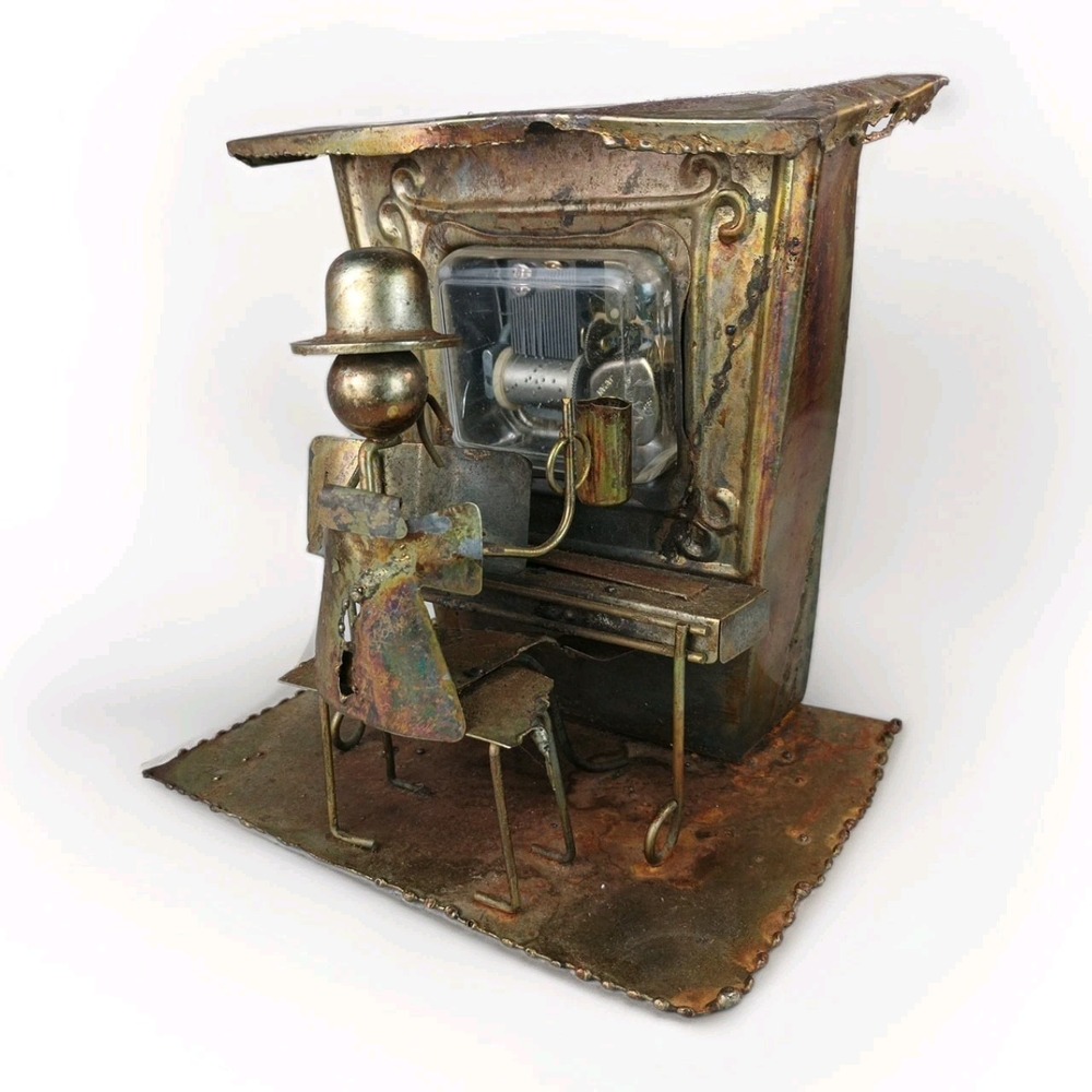 VTG Piano Man Copper Tin Sculpture Music Box Saloon Bar Folk Art PLAYS!